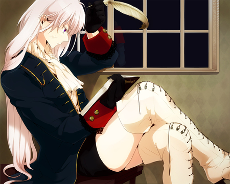 Reading book - anime, anime girl, female, boots, scar, book, girl, feather, cool, cute, sexy, prussia, gloves