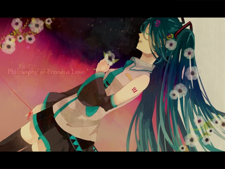 Philosophy of Precious Love - tie, pretty, artistic, pink, uniform, flowers, sad, nice, program, leggings, thighhighs, beauty, virtual, love, cg, white, cute, aqua eyes, song, outfit, vocaloid, anime, blue, twintail, hatsune miku, music, aqua, stockings, long socks, art, idol, anime girl, skirt, beautiful, singer, girl, cool, black, miku, awesome, diva, digital, aqua hair, saddening, hatsune, vocaloids