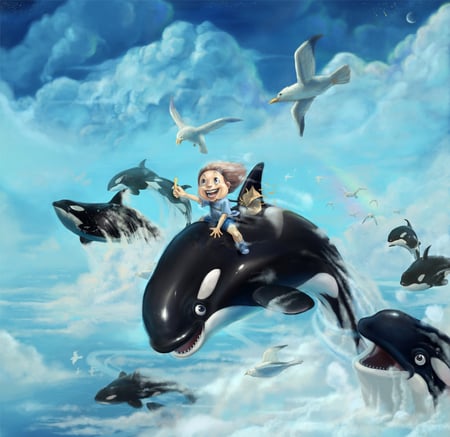 The Beginning of Freedom - fun, bird, kid, freedom, child, happy, dolphine, rainbow, sky