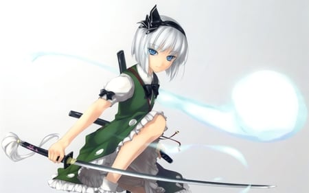 Konpaku Youmu - ghost, konpaku youmu, touhou, girl, sword, short hair, dress, white hair