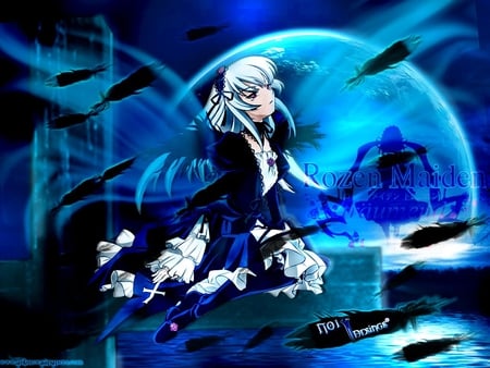 Rozen Maiden - moon, girl, broom, feather, rozen maiden, maiden