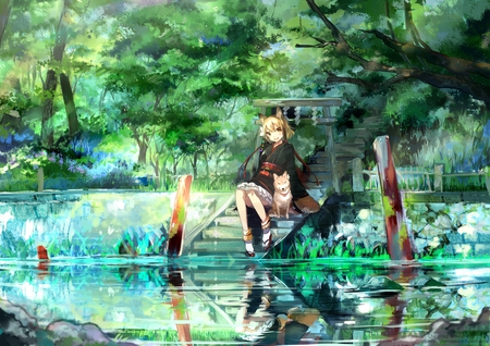 Lovely Day - anime, water, girl, dog, park, japanese