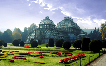 Garden Palace - nice, sky, trees, wonderful, spring, amazing, epic, pretty, clouds, architecture, shed, palace, way, summer, stunning, plants, nature, pavilion, flowers, fantastic