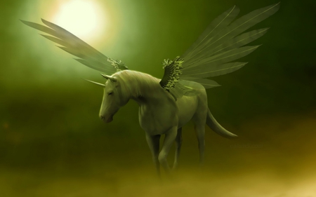 Reves et Fantasmes - wings, horse, sun, green