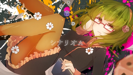 Vocaloid - glasses, uniform, green hair, book, short hair