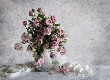 still life - pretty, elegantly, roses, pink, photo, flowers, nice, gently, vase, beautiful, photography, beauty, lovely, cool, still life, flower, harmony, white, scarf, rose