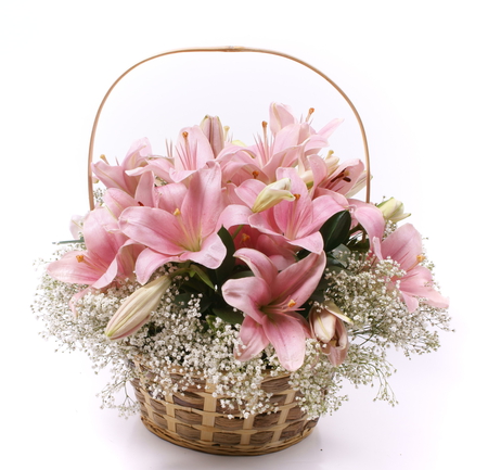 Bouquet - pretty, elegantly, lilies, pink, photo, flowers, nice, gently, beautiful, photography, beauty, lovely, cool, still life, flower, bouquet, lily, harmony, basket, white