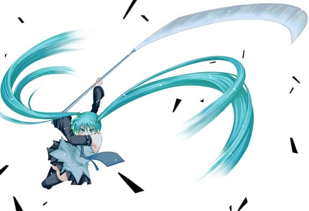 warrior miku - long hair, blue eyes, weapon, blue hair