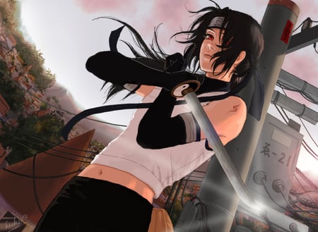 itachi uchiha - black hair, weapon, long hair, slow, red eyes