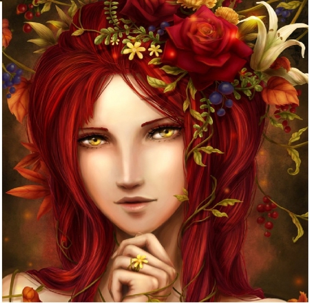 Red hair and beautiful flowers - beautiful flowers, red hair, girl, red hair and beautiful flowers