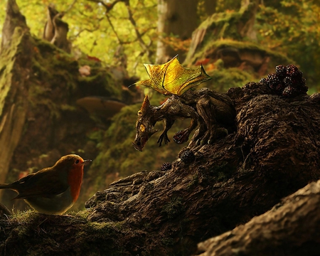 Bird and Dragon - forest, fantasy, bird, dragon, abstract, branch