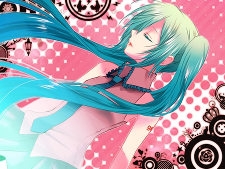 Hatsune Miku - outfit, virtual, miku, digital, vocaloids, song, uniform, singer, cool, pink, awesome, vocaloid, anime, twintail, cg, aqua hair, hatsune, black, cute, beautiful, girl, anime girl, white, program, aqua eyes, artistic, pretty, aqua, beauty, art, diva, nice, tie, idol, music, hatsune miku