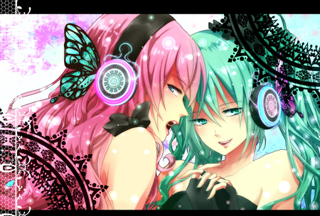 Hatsune Miku & Megurine Luka - Megnet - virtual, sparkle, miku, digital, vocaloids, song, microphone, megurine, singer, megurine luka, cool, pink, headphones, awesome, vocaloid, anime, twintail, blue, cg, butterfly, aqua hair, hatsune, black, cute, beautiful, hot, girl, anime girl, white, pink hair, luka, program, aqua eyes, artistic, pretty, aqua, beauty, dress, art, diva, nice, sexy, idol, headset, music, hatsune miku