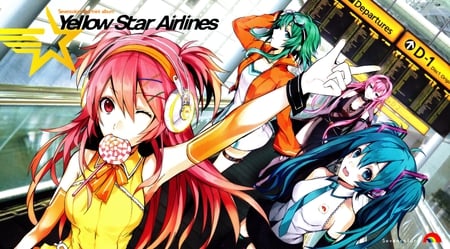 Yellow Star Airlines - tie, pretty, artistic, pink, green eyes, uniform, headphones, airlines, nice, program, thighhighs, beauty, virtual, red eyes, cg, white, green, megurine luka, cute, aqua eyes, song, outfit, airplanes, vocaloid, anime, yellow, twintail, hatsune miku, green hair, microphone, music, aqua, beauitful, lolipop, pink hair, art, idol, anime girl, skirt, windows, aisle, singer, girl, cool, gumi, black, awesome, diva, airport, digital, aqua hair, vocaloids, headset, kanon nanase, candy