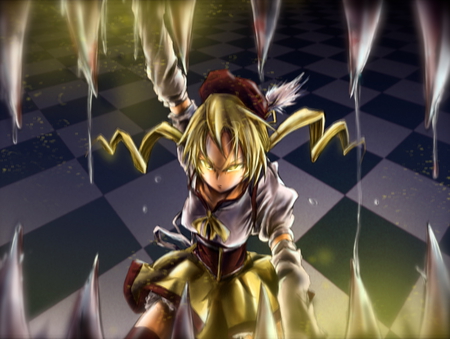 Tomoe Mami - teeth, mahou shoujo madoka magica, female, thigh highs, hat, lone, anime girl, tomoe mami, blonde hair, mami tomoe, anime, fangs, checkered floor, yellow eyes, skirt, girl, long hair, gold eyes, glowing eyes