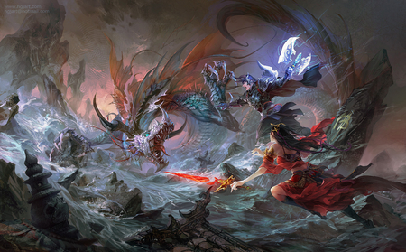 Dragon Hunting - water, wings, armor, axe, battle, anime, dragon, sword, fangs, claws, helmet, skirt, statue, dragons, long hair, scales, horns, green eyes, talons, armour, cape, weapons