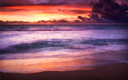 Purple Sea - beauty, beach, sky, peaceful, colorful, sunset, amazing, view, purple, reflection, clouds, sand, ocean, lovely, waves, nature, beautiful, splendor, colors, sunrise, sea