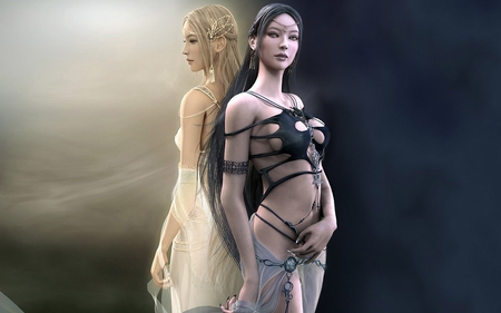 Light & Darkness - game, anime, female, blonde hair, etaine, long hair, females, duo, girls, cg, black hair, games, video games, video game, shaiya