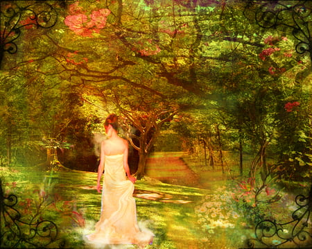 A Fantasy Garden ! - dreamy place, lady, garden, fantasy