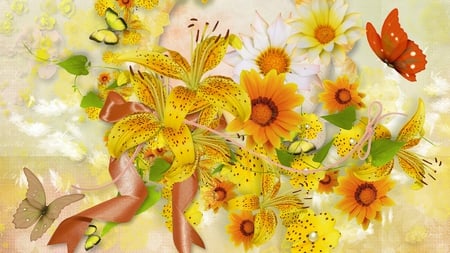 Autumns Magic - fall, flowers, yellow, season, tiger lily, ribbon, butterflies, firefox persona, orange, autumn