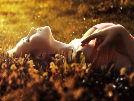 Golden moments - girl, eyes, magical, close, nature, young, beautiful, golden, sweet, grass, moments, dreaming