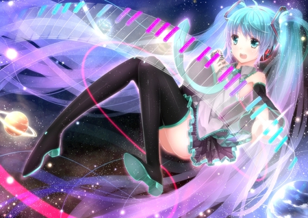 Hatsune Miku - aqua, headset, thighhighs, music, anime girl, stockings, white, art, cool, aqua eyes, artistic, hatsune miku, skirt, leggings, light, song, vocaloids, program, glow, vocaloid, pink, beautiful, uniform, diva, beauty, nice, twintail, singer, aqua hair, long socks, black, virtual, pretty, idol, anime, miku, cute, girl, cg, hatsune, microphone, blue, headphones, tie, awesome, digital, outfit