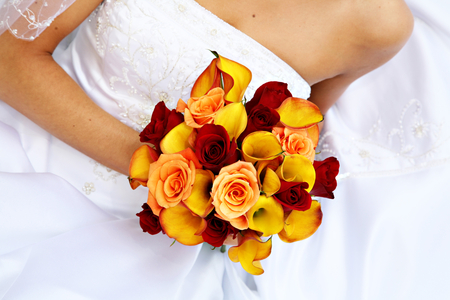 Bridal bouquet - pretty, elegantly, roses, yellow, flowers, red, nice, calla, bride, beautiful, photography, wedding, beauty, lovely, cool, flower, bouquet, harmony, white, rose