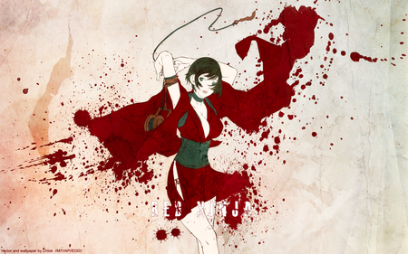 red ninja - red eyes, yukata, blood, black hair, short hair