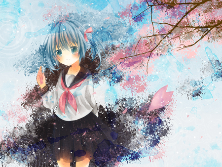 Hatsune Miku - pretty, artistic, pink, uniform, flowers, nice, program, beauty, virtual, petals, divaa, cg, white, cute, aqua eyes, song, outfit, vocaloid, anime, blue, twintail, hatsune miku, music, aqua, art, idol, anime girl, sakura, beautiful, singer, girl, cool, tree, black, miku, awesome, painting, digital, aqua hair, hatsune, vocaloids