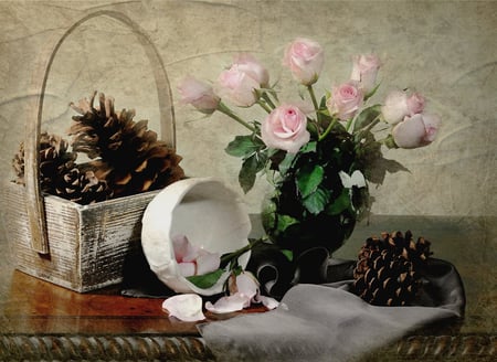 pink roses - pinecones, vase, basket, still life, pink roses