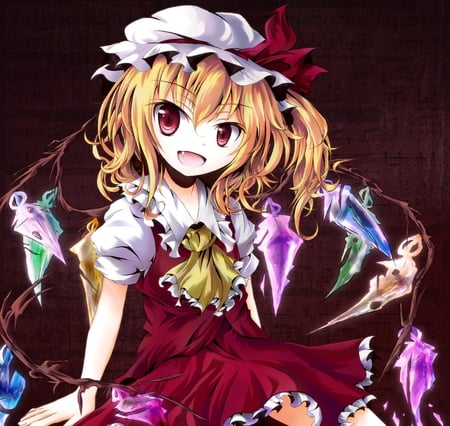 touhou - short hair, diamant, yelow hair, dress, angel, red eyes