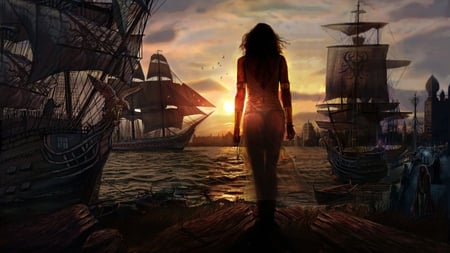 Magical Sunset - nature, boats, fantasy, female