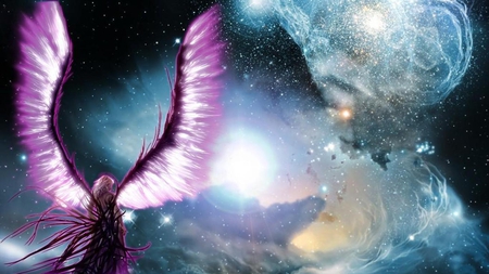 Angel Watching over - abstract, fantasy, purple, planet, wings, angel, other