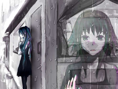 Rainy Day - aqua, room, music, anime girl, white, art, cool, window, aqua eyes, artistic, hatsune miku, song, vocaloids, program, vocaloid, beautiful, door, uniform, diva, beauty, nice, twintail, singer, aqua hair, black, virtual, pretty, idol, green, anime, miku, gumi, cute, girl, rain, cg, hatsune, green eyes, awesome, digital, green hair, gray, outfit