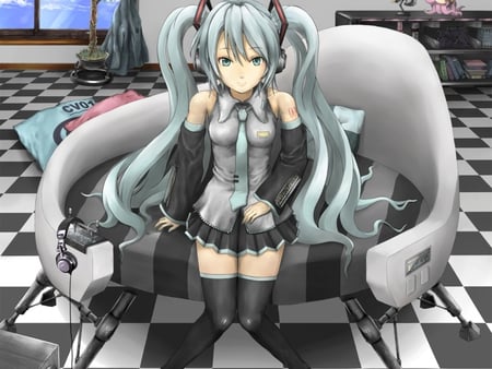 Hatsune Miku - aqua, hot, guitar, headset, thighhighs, room, music, anime girl, stockings, white, piano, art, cool, checkered, artistic, hatsune miku, sexy, skirt, leggings, song, vocaloids, program, vocaloid, pink, beautiful, uniform, diva, beauty, nice, twintail, singer, long socks, black, couch, bass, virtual, pretty, idol, anime, miku, cute, girl, cg, hatsune, microphone, headphones, tie, awesome, digital, gray, outfit