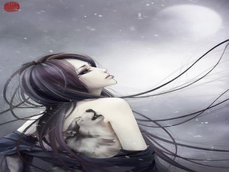 Chinese of Wolf Tattoo - moon, chinese girl, female, sad, zhang xiaobai, anime girl, black hair, chinese of wolf tattoo, wolf, alone, snow, fog, jx online