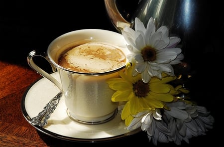 Sweet morning - coffee, margaritas, delicious, wonderful, lovely, bright, nature, white, yellow, beautiful, sunny, sweet, flowers