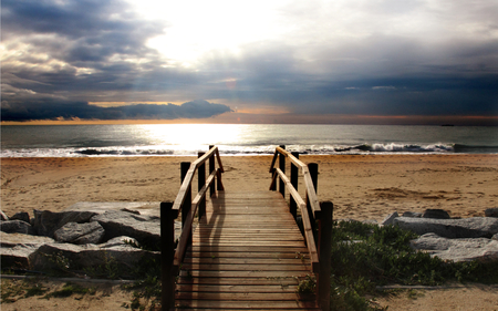 The Way To The Beach - summer, wood, beach, splendor, grass, stone wall, sand, view, sky, way, clouds, sunlight, beautiful, sea, summer time, beauty, colors, lovely, ocean, stones, nature, sunset, rays, waves, peaceful, bridge