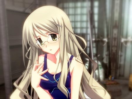 Yua Kusunoki - yellow eyes, beauty, glasses, girl, long hair, yua kusunoki, blonde hair, anime, chaos head, dress