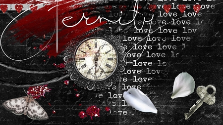 Forever is a Long Time - forever inscribed key, splatter, goth, gothic, flower petals, paint, butterfly, firefox persona, script