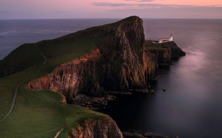 Lighthouse - hills, splendor, landscape, sunrise, mountain, path, purple, view, sky, clouds, lighthouse, beautiful, sea, road, beauty, colors, lovely, architecture, ocean, nature, sunset, mountains, peaceful