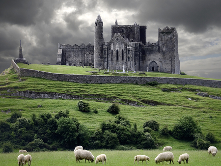 Hill sheep - fields, hill, building, landscape, ireland, nature, sheep, castle, artwork, clouds, grass