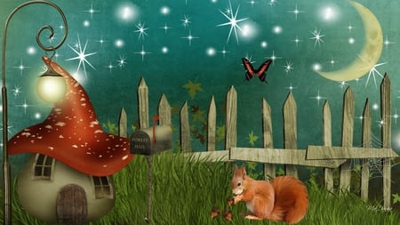 Wonderland Valley - house, lit, crescent moon, whimsical, lamp, fence, light, firefox persona, fantasy, toadstool, butterfly, night sky, squirrel