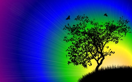 Tree - silhouette, sun, sunset, purple, abstract, yellow, blue, green, tree