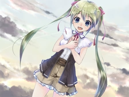 Hatsune Miku - tie, pretty, artistic, uniform, nice, program, thighhighs, beauty, virtual, cg, school uniform, white, sunset, gray, cute, aqua eyes, song, outfit, bow, vocaloid, anime, twintail, school, hatsune miku, music, aqua, art, sky, idol, clouds, anime girl, skirt, beautiful, singer, girl, cool, black, miku, awesome, diva, digital, aqua hair, hatsune, vocaloids