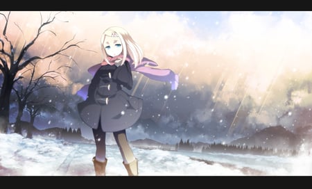 Winter - trees, anime, winter, beautiful, girl, blonde hair, asakura masatoki, scarf, sky