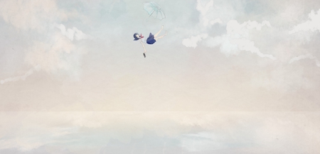 Falling - school uniform, sky, falling, clouds, beautiful, girl, umbrella