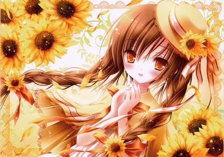 Surrounded by Sunflowers - hat, sunflowers, anime, yellow, girl, flower, petals, braid, ribbon