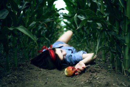 pretty poison - female, brunette, field, apple, model, fruit