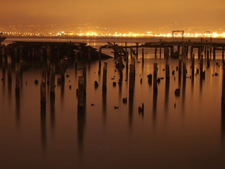 distant lights - dock, photography, water, city, golden, lights